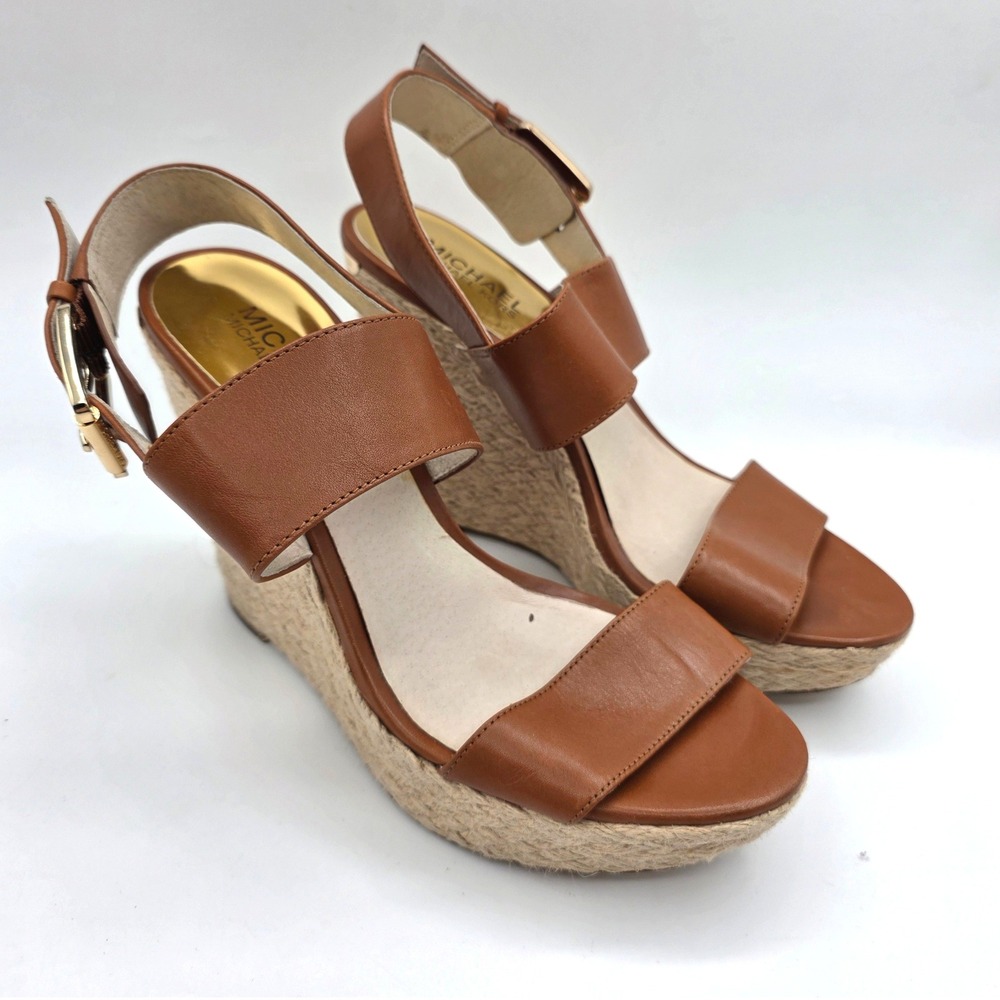 Michael Kors Poesy‎ Espadrille Wedge Sandals Brown Leather Gold Hardware 7.5M